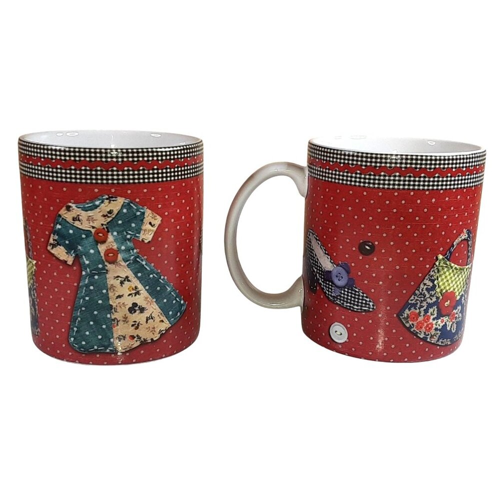 Pair "Dress Up" Paula Joerling Ceramic Mugs Lang Company Red Coffee/Tea Mug EUC
